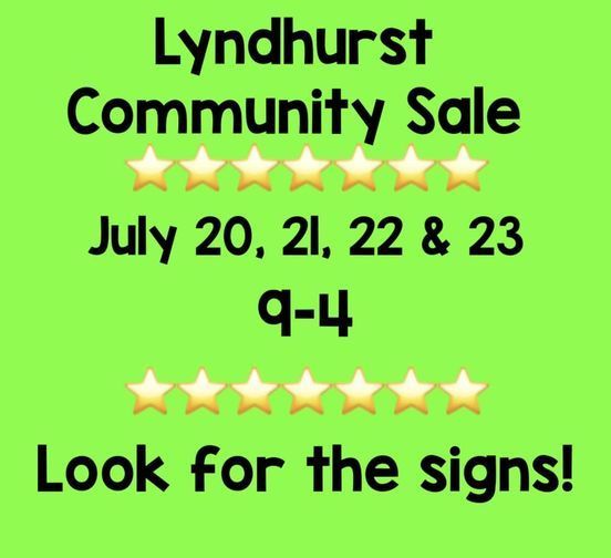 Green sign with Lyndhurst Community Sale date & time with yellow stars