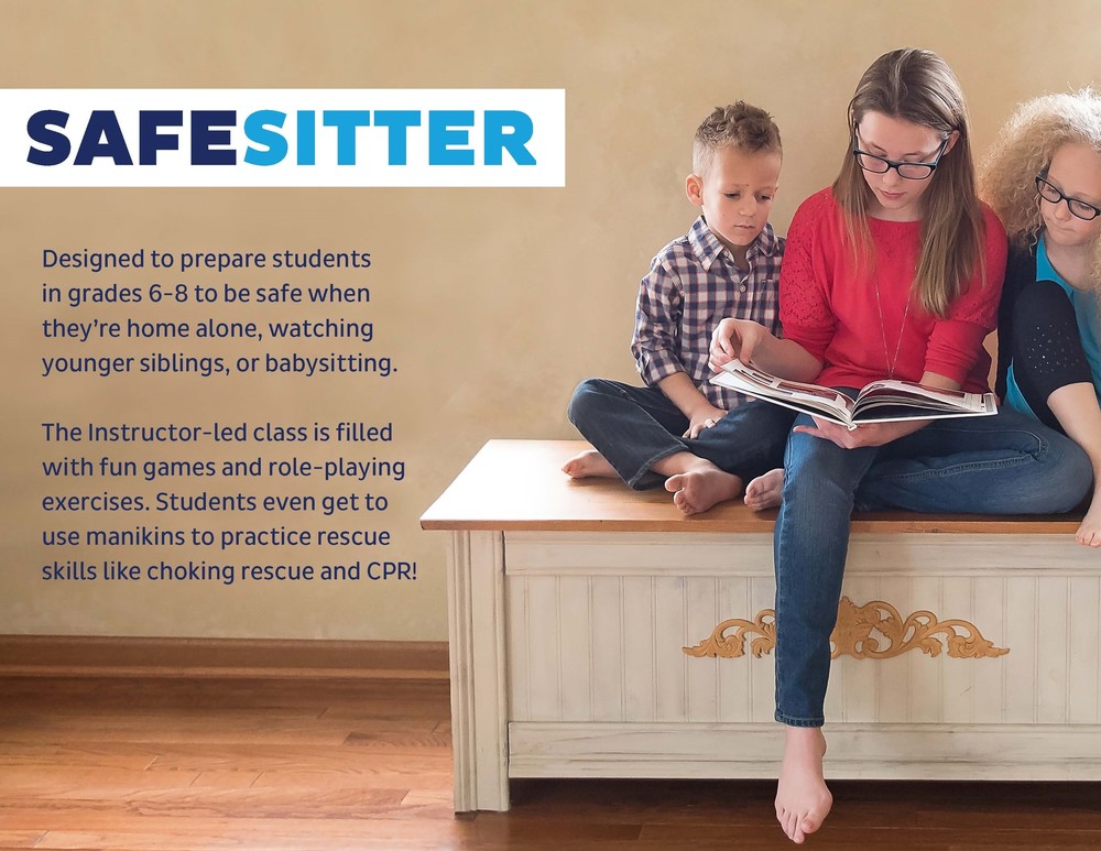 Safe Sitter logo with 3 kids reading a book on a bench